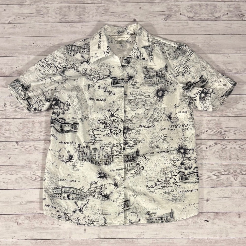 Allison Daley Women's Size 8 White Black Map Print Short Sleeve Shirt Shimmer
